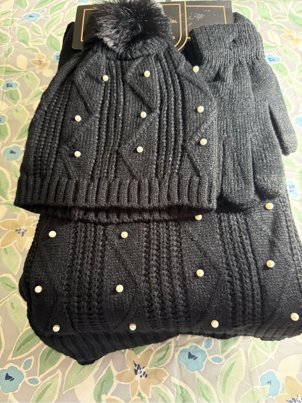 Black Pearl-Accent Cable Knit Women's Hat, Gloves & Scarf Set